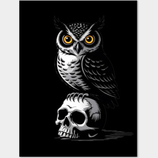Eerie Owl with Skull in Black and White Gothic Style Posters and Art