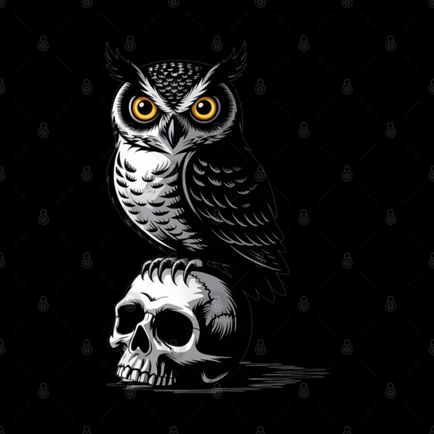Eerie Owl with Skull in Black and White Gothic Style by BirdsnStuff