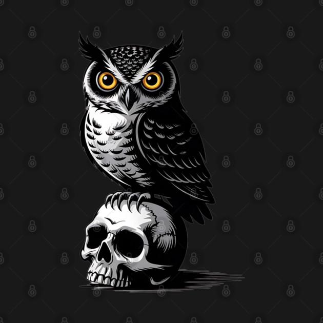 Eerie Owl with Skull in Black and White Gothic Style by BirdsnStuff