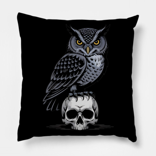 Monochrome Owl with Skull Pillow by BirdsnStuff