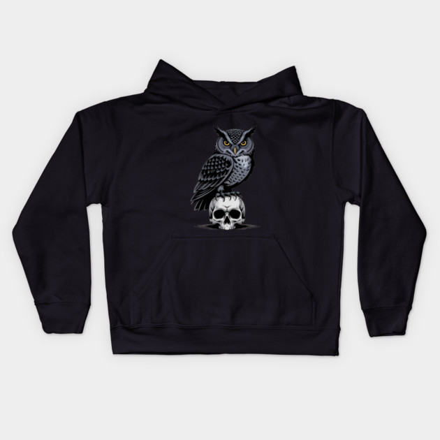 Monochrome Owl with Skull Kids Hoodie by BirdsnStuff