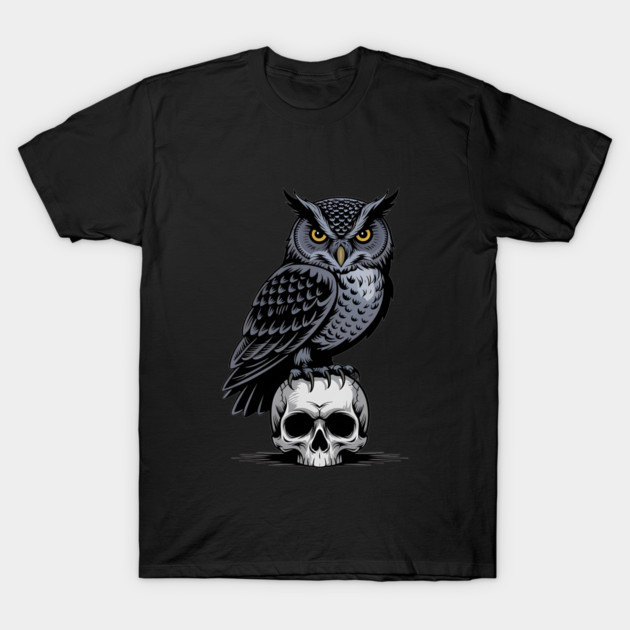 Monochrome Owl with Skull T-Shirt by BirdsnStuff