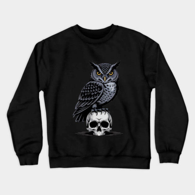Monochrome Owl with Skull Crewneck Sweatshirt by BirdsnStuff