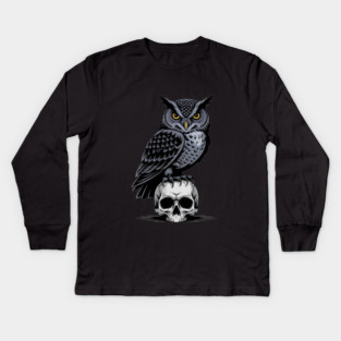 Monochrome Owl with Skull Kids Long Sleeve T-Shirt
