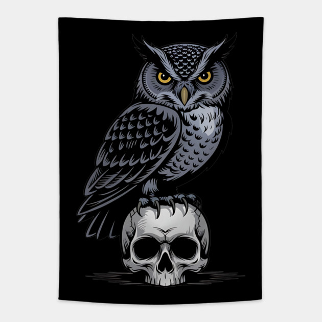Monochrome Owl with Skull Tapestry by BirdsnStuff