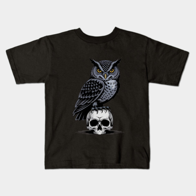 Monochrome Owl with Skull Kids T-Shirt by BirdsnStuff
