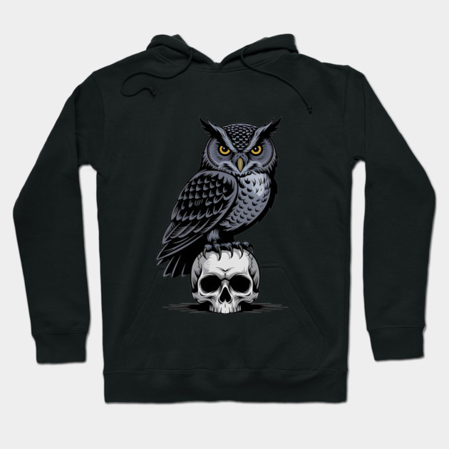 Monochrome Owl with Skull Hoodie by BirdsnStuff