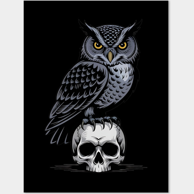 Monochrome Owl with Skull Wall Art by BirdsnStuff