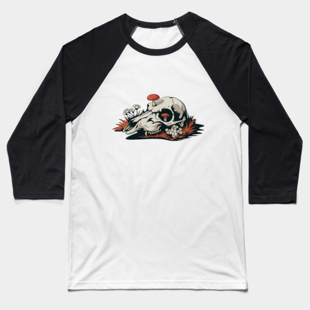 Fungi-Filled Deer Skull in Spooky Forest Floor Scene Baseball T-Shirt by BirdsnStuff