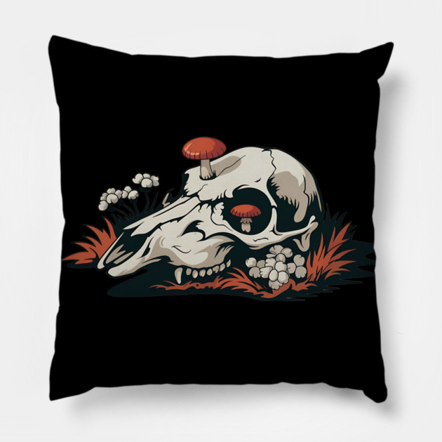 Fungi-Filled Deer Skull in Spooky Forest Floor Scene Pillow by BirdsnStuff