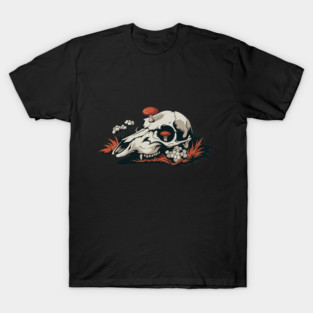 Fungi-Filled Deer Skull in Spooky Forest Floor Scene T-Shirt