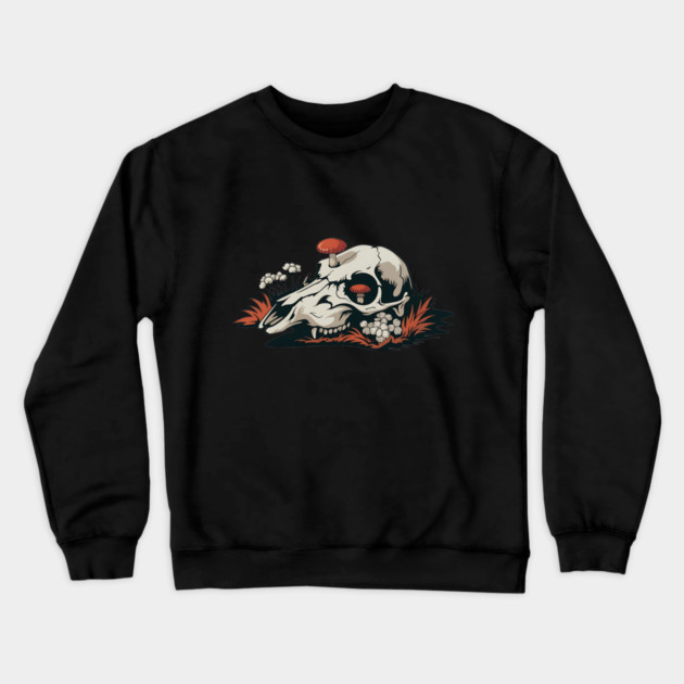 Fungi-Filled Deer Skull in Spooky Forest Floor Scene Crewneck Sweatshirt by BirdsnStuff