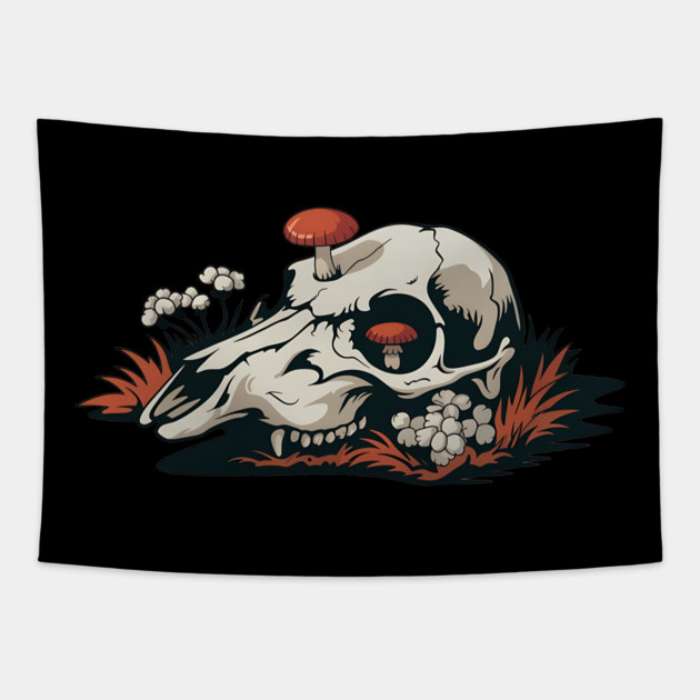 Fungi-Filled Deer Skull in Spooky Forest Floor Scene Tapestry by BirdsnStuff