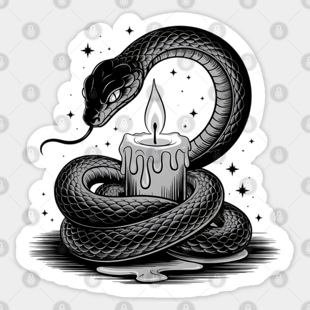 Serpent with Candle in Dark Gothic Ritual Style Sticker by BirdsnStuff