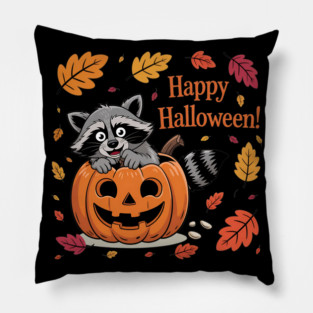 Happy Halloween with Raccoon in Pumpkin Pillow