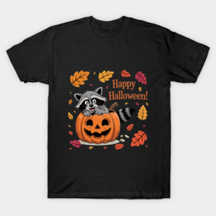 Happy Halloween with Raccoon in Pumpkin T-Shirt