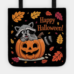 Happy Halloween with Raccoon in Pumpkin Tote