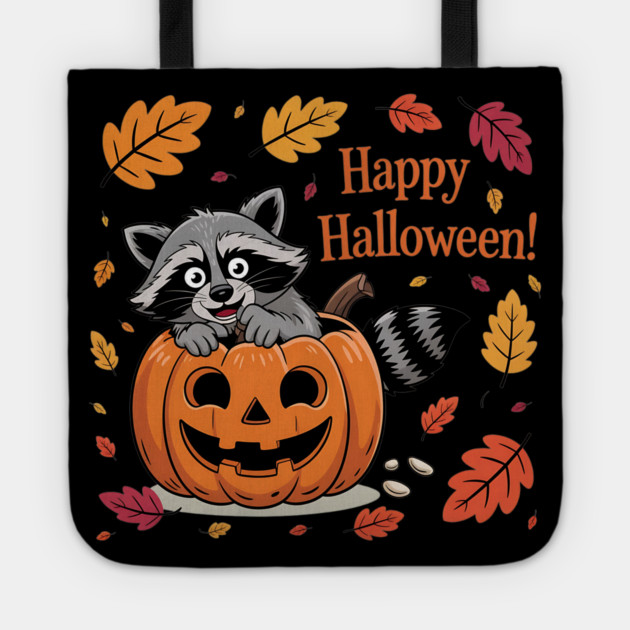 Happy Halloween with Raccoon in Pumpkin Tote by BirdsnStuff