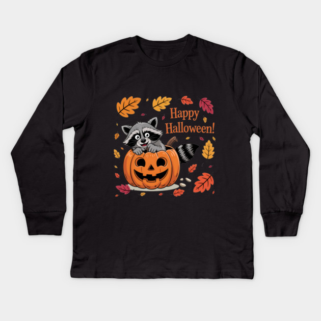 Happy Halloween with Raccoon in Pumpkin Kids Long Sleeve T-Shirt by BirdsnStuff