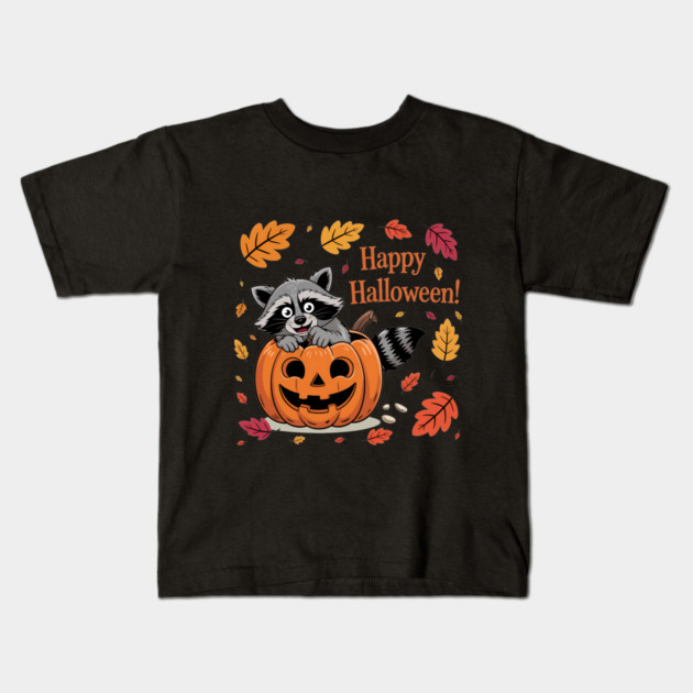 Happy Halloween with Raccoon in Pumpkin Kids T-Shirt by BirdsnStuff