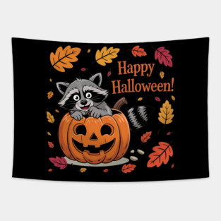 Happy Halloween with Raccoon in Pumpkin Tapestry