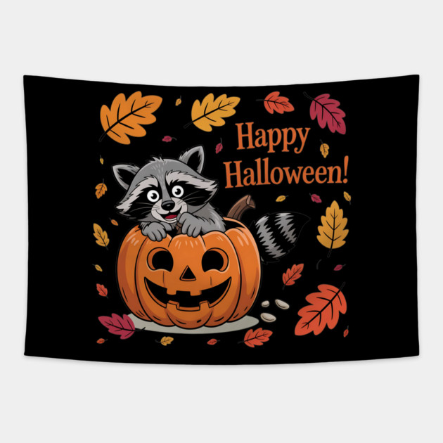 Happy Halloween with Raccoon in Pumpkin Tapestry by BirdsnStuff