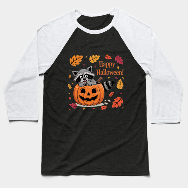 Happy Halloween with Raccoon in Pumpkin Baseball T-Shirt by BirdsnStuff