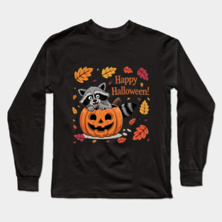 Happy Halloween with Raccoon in Pumpkin Long Sleeve T-Shirt