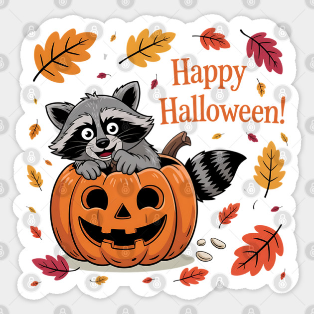 Happy Halloween with Raccoon in Pumpkin Sticker by BirdsnStuff