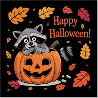 Happy Halloween with Raccoon in Pumpkin Posters and Art