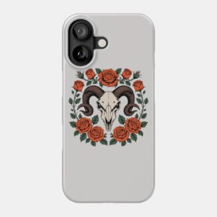 Gothic Ram Skull Surrounded by Red Roses and Leaves Phone Case