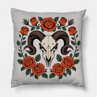 Gothic Ram Skull Surrounded by Red Roses and Leaves Pillow