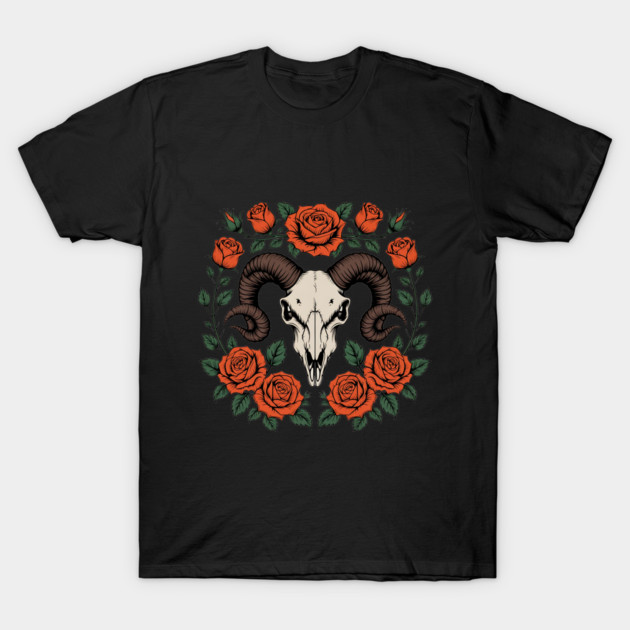 Gothic Ram Skull Surrounded by Red Roses and Leaves T-Shirt by BirdsnStuff