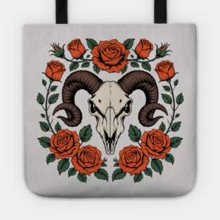 Gothic Ram Skull Surrounded by Red Roses and Leaves Tote