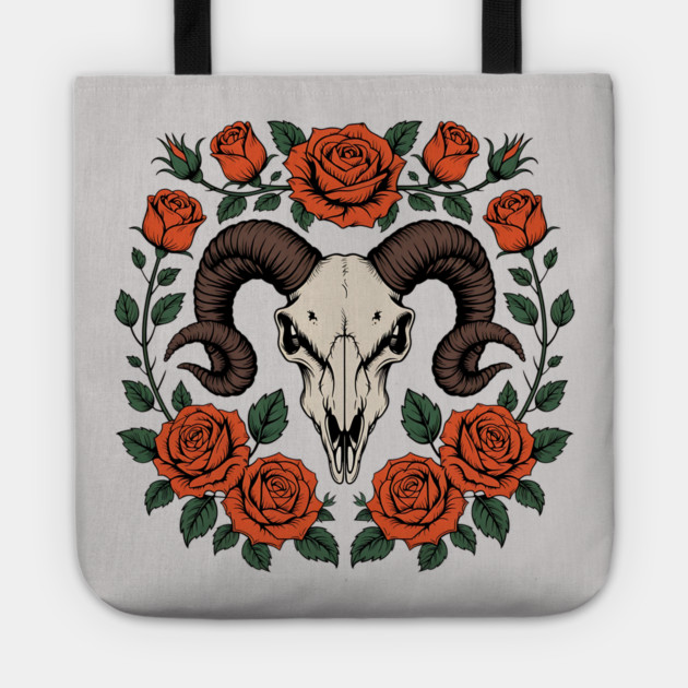 Gothic Ram Skull Surrounded by Red Roses and Leaves Tote by BirdsnStuff