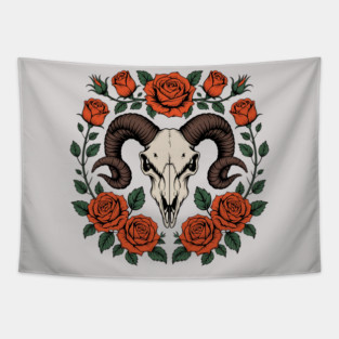 Gothic Ram Skull Surrounded by Red Roses and Leaves Tapestry