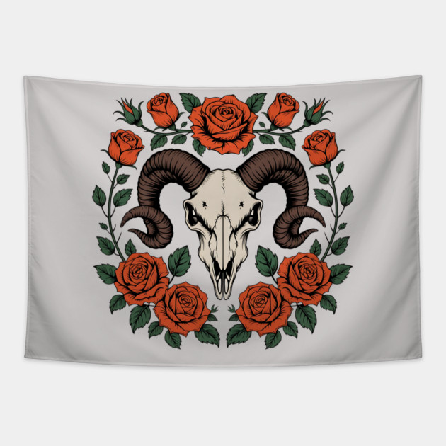 Gothic Ram Skull Surrounded by Red Roses and Leaves Tapestry by BirdsnStuff