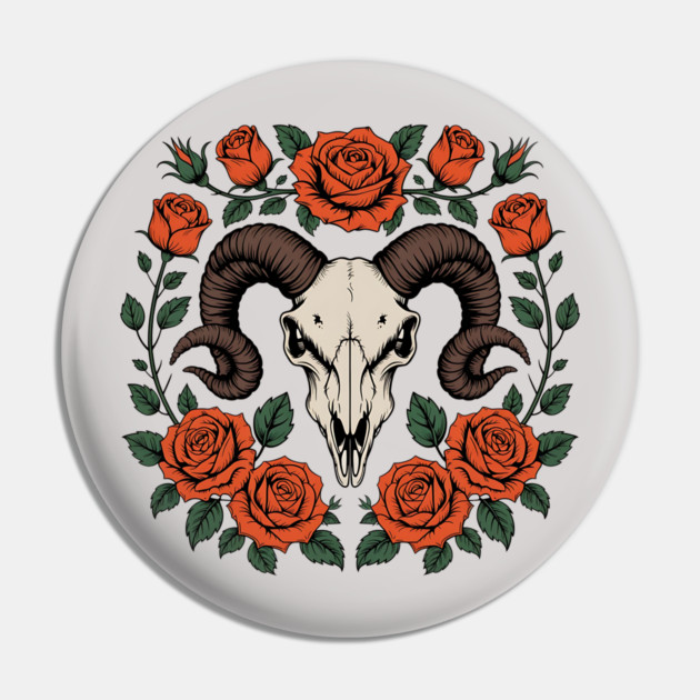 Gothic Ram Skull Surrounded by Red Roses and Leaves Pin by BirdsnStuff