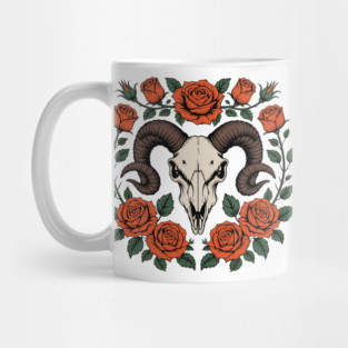 Gothic Ram Skull Surrounded by Red Roses and Leaves Mug