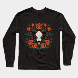 Gothic Ram Skull Surrounded by Red Roses and Leaves Long Sleeve T-Shirt