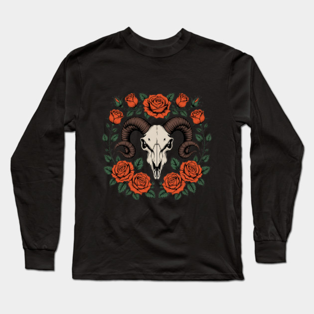 Gothic Ram Skull Surrounded by Red Roses and Leaves Long Sleeve T-Shirt by BirdsnStuff