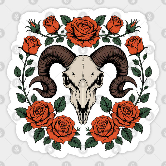 Gothic Ram Skull Surrounded by Red Roses and Leaves Sticker by BirdsnStuff
