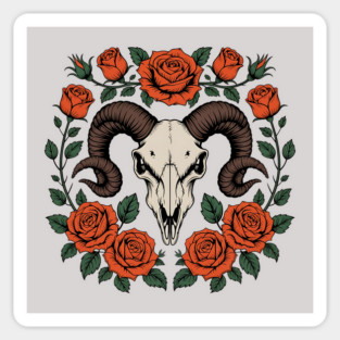Gothic Ram Skull Surrounded by Red Roses and Leaves Magnet