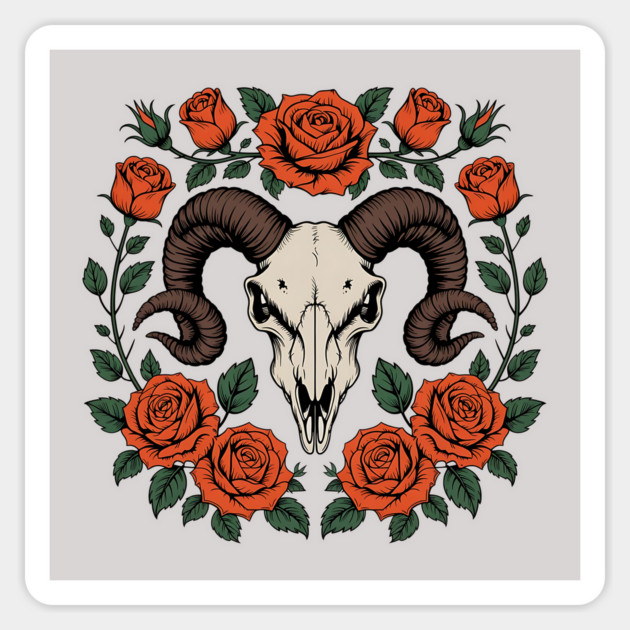 Gothic Ram Skull Surrounded by Red Roses and Leaves Magnet by BirdsnStuff
