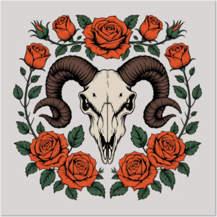 Gothic Ram Skull Surrounded by Red Roses and Leaves Posters and Art