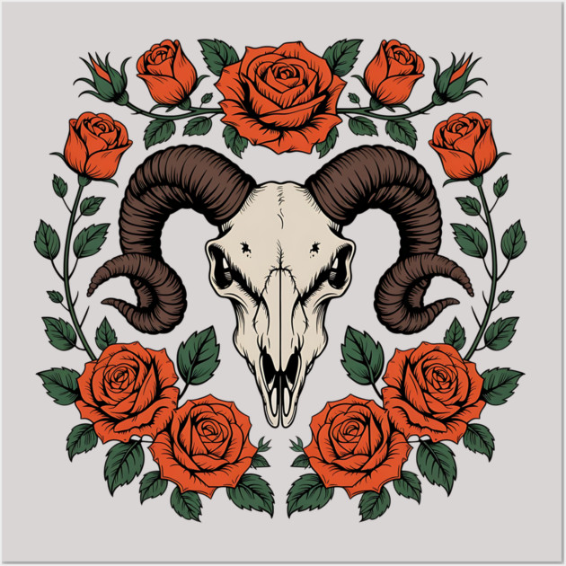 Gothic Ram Skull Surrounded by Red Roses and Leaves Wall Art by BirdsnStuff