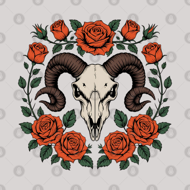 Gothic Ram Skull Surrounded by Red Roses and Leaves by BirdsnStuff