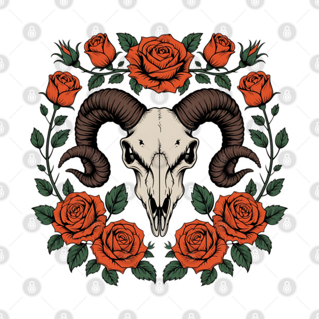 Gothic Ram Skull Surrounded by Red Roses and Leaves by BirdsnStuff