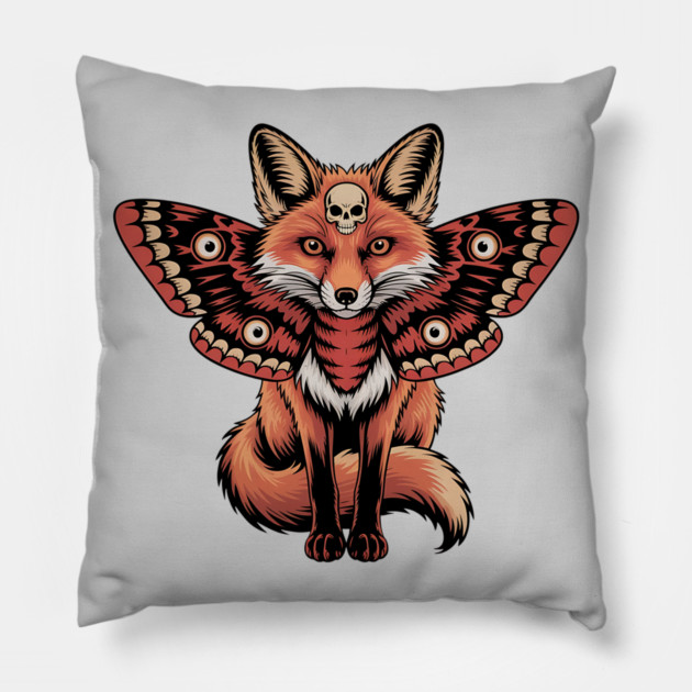 Red Fox with Gothic Death’s-Head Moth Wings Pillow by BirdsnStuff