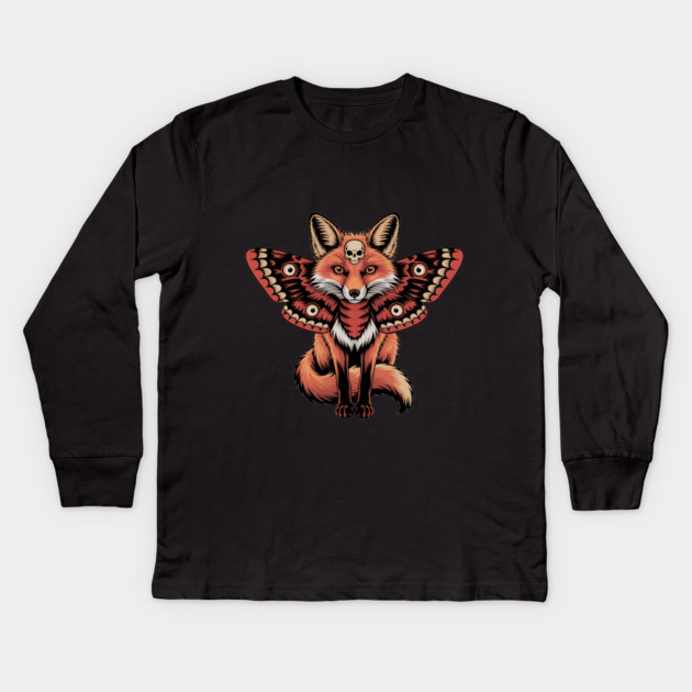 Red Fox with Gothic Death’s-Head Moth Wings Kids Long Sleeve T-Shirt by BirdsnStuff